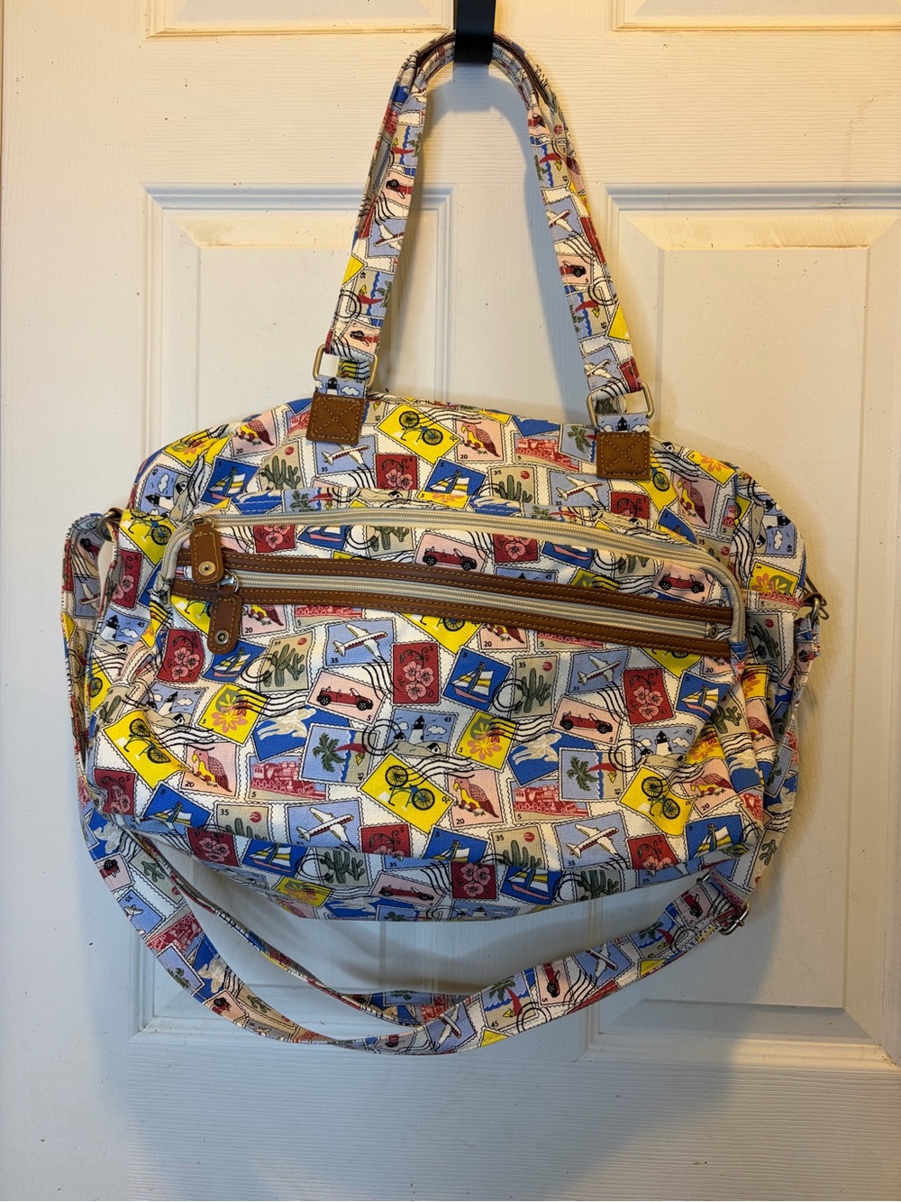 Time and Tru Kayla Weekender Stamp Print Canvas Tote with Tan Trim